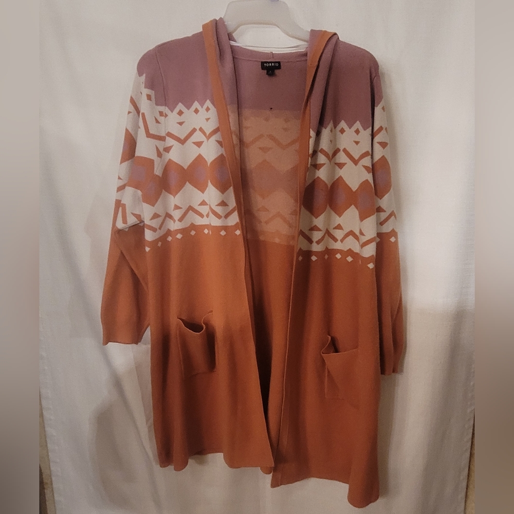 Torrid Multi-Colored Orange, Pink and Off-White Hooded Open-Front Cardigan - Picture 1 of 7